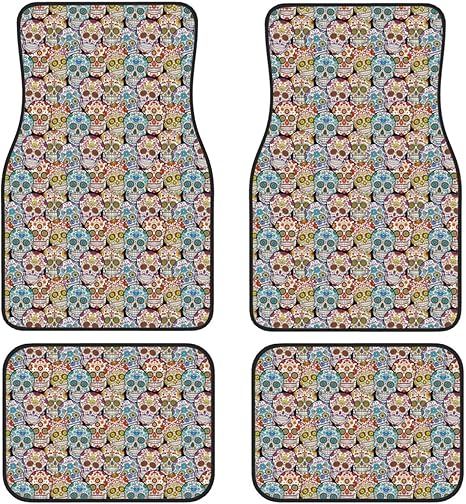Colorful Sugar Skull for Car Floor Mats Set of 4 Universal Fit Automotive All Weather Mats for SUV, Sedan, Van Car Accessories - sugar skull car floor mats