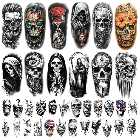 77 Sheets Skeleton Skull Temporary Tattoo for Women Men, 17 Sheets Half Arm Large Flower Spider Owl Fake Tattoos, 60 Sheets Black Scary Halloween Cosplay Tiny Adult Kid Body Tattoos Stickers Realistic - sugar skull temporary tattoo
