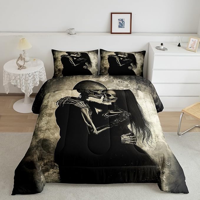 Erosebridal Sugar Skull Bedding Set Couple Lover Themed Comforter Set,Romantic Weeding Down Comforter Woman Men Skeleton Bone Bedding Comforter Sets King for Adult Bedroom - sugar skull bedding set