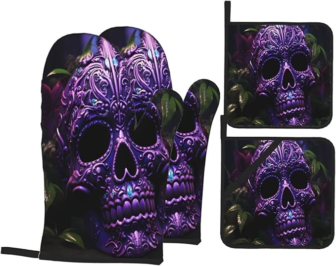 Purple Floser and Sugar Horror Skull Oven Mitts and Pot Holders 4 Pcs Set, Heat Resistant Cooking Baking Gifts - sugar skull oven mitts