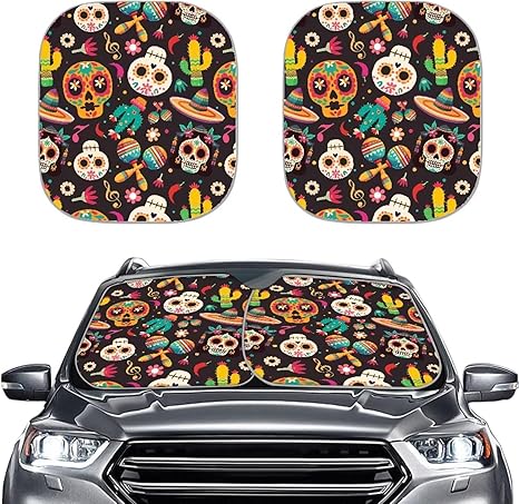 Sugar Skull Botanical Car Windshield Sun Shade 2pcs, Colorful Forest Flower Automotive Foldable Front Window Sunshade, Mexican Day of Dead Auto Visor Protector - sugar skull car sunshade for windshield