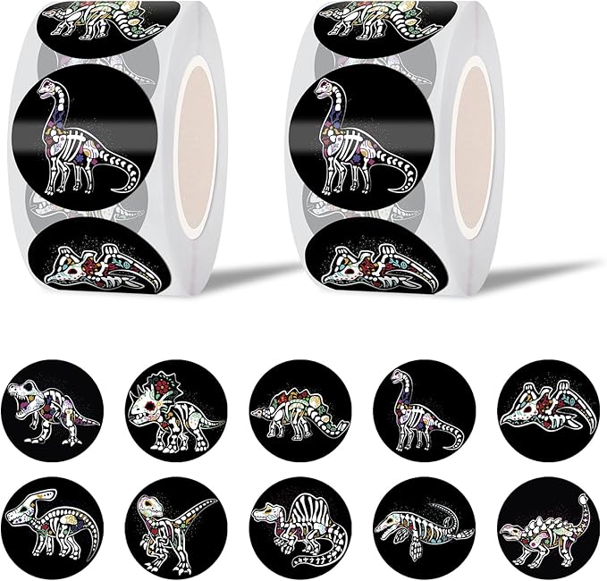 GTOTd Dia De Los Muertos Dinosaur Sugar Skull Dot Stickers Roll Label(1000 PCS)Horror Day of the Dead Decal Gifts Merch Party Supplies in 2 Rolls with 10 Patterns for Laptop Window Luggage Skateboard - sugar skull vinyl sticker