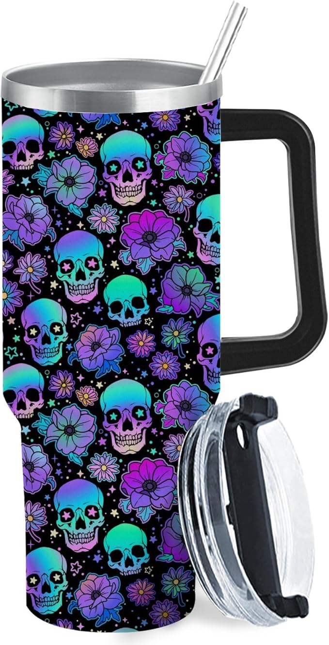XMDZH Sugar Skull Flower 40oz Tumble with Handle, Stainless Steel with Lid Gifts for Skull Lovers Skinny Wine Tumbler Skeleton Coffee Cup, Sugar Mug, Skeleton Gifts for Birthday Christmas - sugar skull handbags for sale