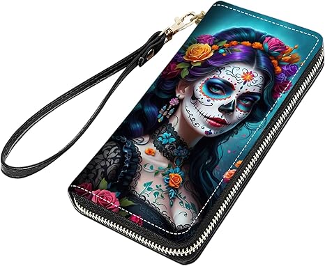 Sugar Skull Girl Print Women Large Capacity PU Leather Zip Around Wallet, Multifunctional Clutch Purse for Cash/Card/Coin/Smart Phone - sugar skull wallets for women