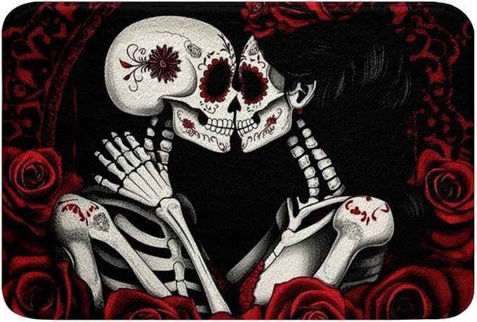 Erosebridal Sugar Skull Bathroom Rug Romantic Roses Door Mat Valentine's Day Bath Mat Non Slip 16"X24" for Adults Men Women,Skeleton Lovers Red Black Bath Rug - sugar skull toilet mat set
