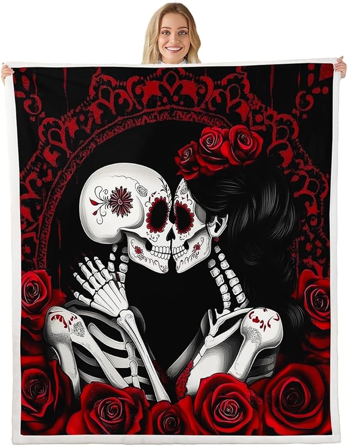 Erosebridal Sugar Skull Sherpa Blanket Romantic Roses Fleece Blanket Valentine's Day Throw Blanket Throw 50"X60" for Adults Men Women Bed,Skeleton Lovers Red Black Plush Bed Blanket Room Decor - sugar skull throw blanket