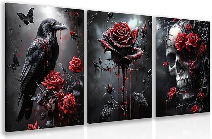 Hianan Horror Gothic Canvas Wall Art, Romance Raven Rose Halloween Wall Decor, Bloodthirst Goth Crow Rose Poster Prints, Dark Goth Skull Aesthetic Pictures for Bathroom Living Room Framed 12"x16"x3 - sugar skull poster print