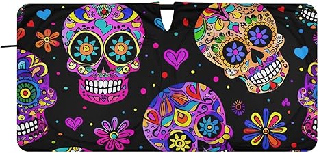 Windshield Sun Shades Sugar Skull Heart Foldable Car Sun Shade for Front Window for Car Sedans SUV Trucks Funny Cute Cool Anime Car Sun Shade Keep Your Vehicle Cool M - sugar skull car sunshade for windshield