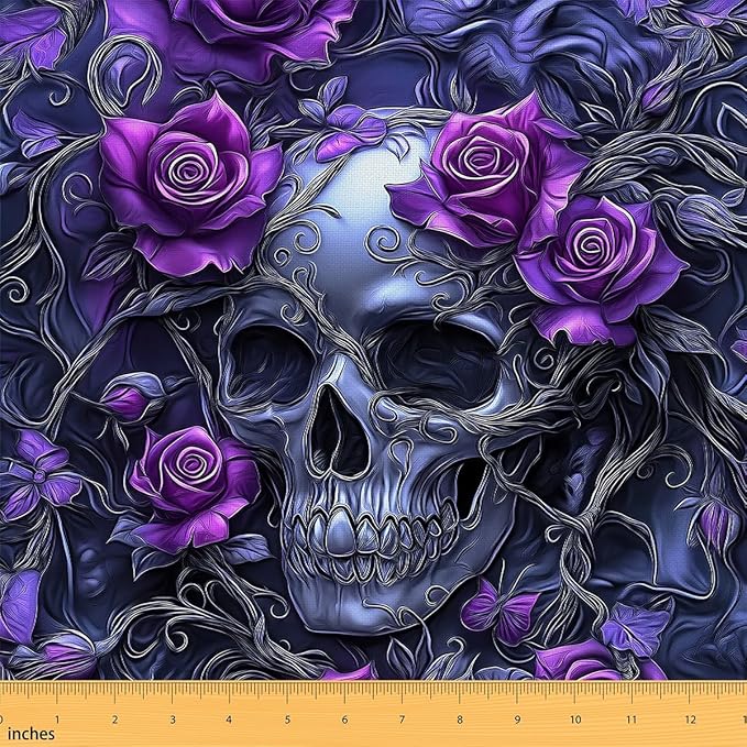 Erosebridal Sugar Skull Fabric by The Yard,Gothic Skeleton Bones Upholstery Fabric,Purple Rose Indoor Outdoor Fabric,Terror Themed Decorative Fabric,Purple Grey,1 Yard - sugar skull apron for women
