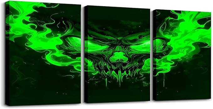 Feelyou Sugar Skull 3 Piece Canvas Wall Art for Living Room Bedroom Smoky Sugar Skull Wall Art for Home Decor Green Office Wall Decor Thriller Style Wall Painting - sugar skull canvas wall art
