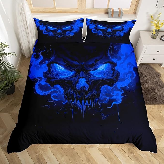 Feelyou Sugar Skull Bedding Set Full Size Smoky Sugar Skull Duvet Cover for Adult Boys Girls Blue Comforter Cover Set Thriller Style Bedspread Cover 3Pcs - sugar skull bedding set