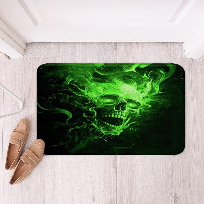 Feelyou Sugar Skull Soft Fleece Door Carpet Smoky Sugar Skull Polyester Bath Rug for Adult Boys Girls Green Non Slip Bath Mat 3D Thriller Style Bathroom Floor Indoor Doormat,16x24 Inch - sugar skull toilet mat set