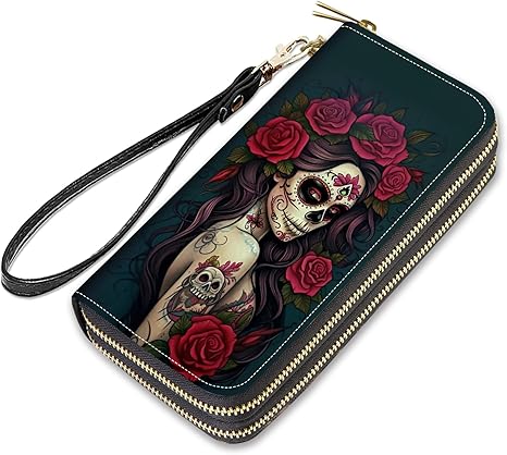 Sugar Skull Girl Roses Print Wallet for Women with Credit Card Holder Coin Money Clip PU Leather Double Zip Around Clutch Wallet - sugar skull wallets for women