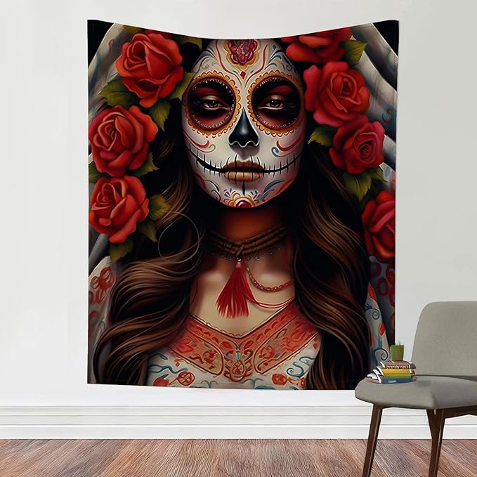 hfquvwnm Sugar Skull Girl With Roses Tapestry for Bedroom Mexican Girl Aesthetic Tapestries Mexican Tapestry Wall Hanging for Living Room Dorm 50x60 inches - sugar skull poster print