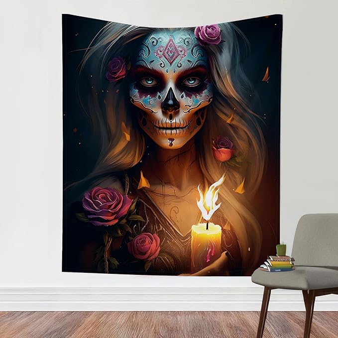 hfquvwnm Mexican Girl Tapestry Sugar Skull Woman With Candle Tapestries Aesthetic Mexican Tapestry Decor Wall Hanging for Bedroom Dorm 50x60 inches - sugar skull poster print