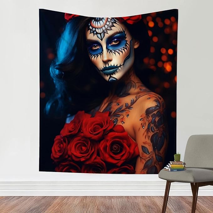hfquvwnm Mexican Girl Tapestry,Red Roses And Pretty Sugar Skull Girl Wall Hanging Tapestries,Mexican Art Print Mural for Bedroom Living Room Dorm Home Decor 50x60 inches - sugar skull poster print