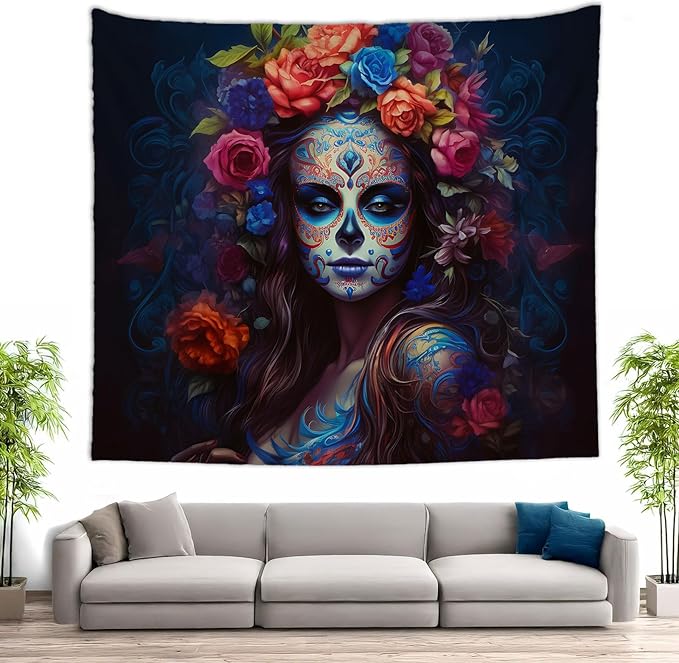 hfquvwnm Mexican Girl Tapestry for Bedroom Colorful Flowers And Sugar Skull Woman Wall Tapestry Aesthetics Art Room Decor Mexican Tapestry Wall Hanging Posters for Dorm Living Room 50x60 inches - sugar skull poster print