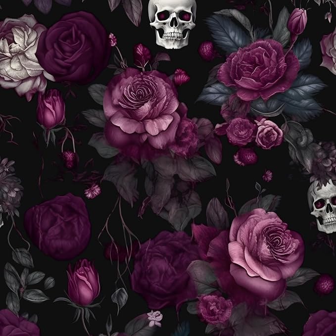 Black Floral Wallpaper Gothic Peel and Stick Leaf Vintage Contact Paper Sugar Skull Floral Wall Paper Removable Wallpaper Self Adhesive for Cabinet Drawers Wall Decor 17.5''x393'' - sugar skull canvas wall art