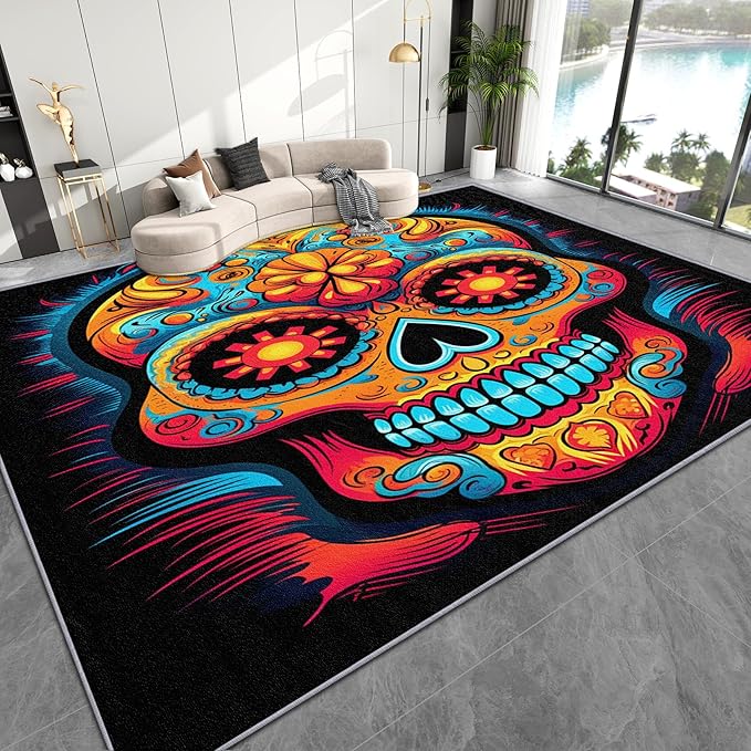 Sugar Skull Rugs for Bedroom - 4x5 Rug, Day of The Dead Living Room Rugs, Mexican Bedroom Rugs, Dia De Los Muertos Carpet, Sugar Skull Home Decor & Gifts - sugar skull area rug