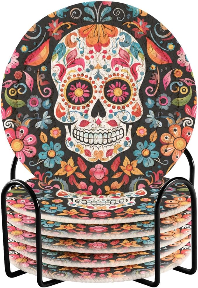 Skull Day of The Dead Coasters with Holder 6 Pcs, Absorbent Coasters for Drinks, Woven Drink Cup Coasters for Table Home Decor Bar Housewarming Gift - sugar skull coasters set