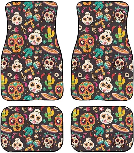 Mexican Sugar Skull Print Non-Slip Car Mats Set Colorful Skeleton Floral Pattern Carpet Vehicle Floor Mats Car Decor Accessories Front & 2nd Row Floor Mats for Driver Seat - sugar skull car floor mats