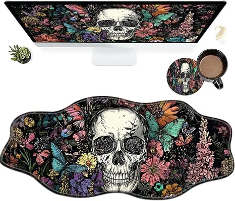 Sugar Skull Flowers Large Gaming Mouse Pad Plus a Coaster, 35.4 x 15.7 inches Desk Mat Extended XXL Mousepad with Stitched Edge Non-Slip Rubber, Desk Pad Computer Mouse Mat for Home Office - sugar skull coasters set