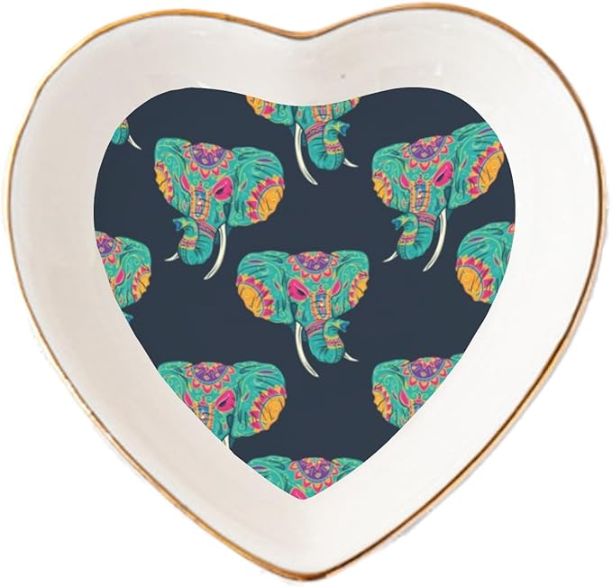 colorful sugar skull indian elephant Ceramic Jewelry Dish Tray Ring Key Bowl Heart Shaped Decorative Plate for Friends Mother - sugar skull plates set