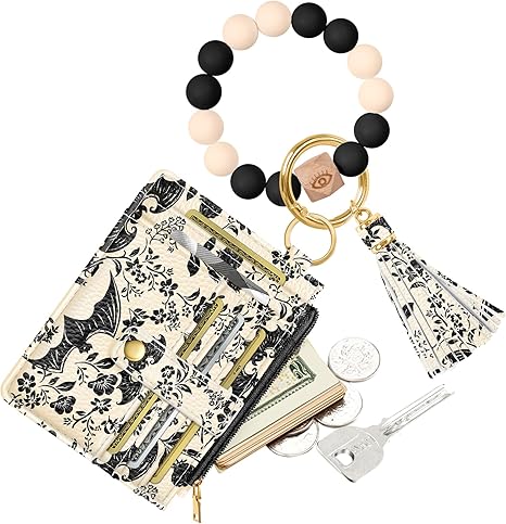 Wallet Keychain Wristlet for Women - Credit Card Holder Wallets Key Chain Ring Cute Design Slim Small RFID Coin Pocket Purse for Ladies Teen Girls Fashion Bat Flower - sugar skull wallets for women