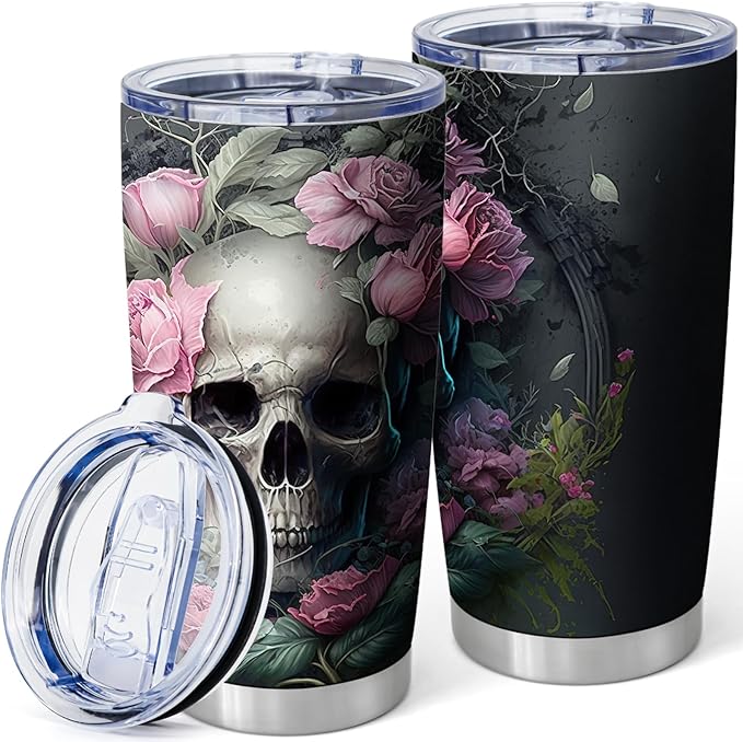 Skull & Rose Tumbler,Halloween Gifts for Gothic Lover,20oz Stainless Steel Cups with Lid Travel Mug Coffee Cup（Pack of 1） - sugar skull tumbler with straw