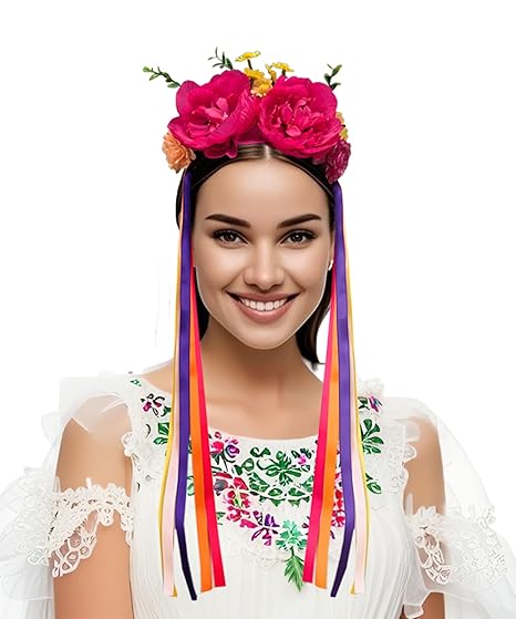 FANFAN Fuchsia Handmade Mexican Colorful Flower Crown Headband Costume Dia De los Muertos Day of the Dead Headpiece Sugar Skull Cinco De Mayo Mexican Costume D4 (Fuchsia, One Size) - sugar skull flower crown