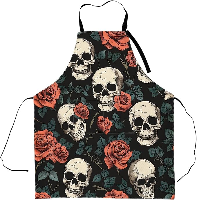 Gothic Skull and Rose Apron,Adjustable Waterproof Oxford Fabric Kitchen Apron with 2 Pockets for Men and Women, Cooking, Baking, BBQ, Coffee Shop, Housewarming Gifts, 28x33 Inches - sugar skull apron for women