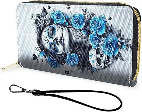 Wallet,Large Capacity RFID Blocking Leather Wallet, Durable Smooth Zipper Clutch,Unisex Travel Wallet for Cards,Cash,and Coins,Day of the Dead Sugar Skull Women - sugar skull wallets for women