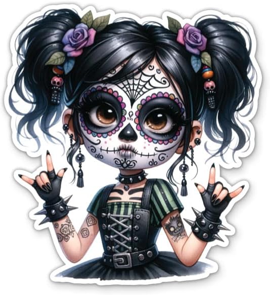 Gothic Sugar Skull Girl Sticker - 3" Laptop Sticker - Waterproof Vinyl for Car, Phone, Water Bottle - Cute Dia de Los Muertos Mexican Goth Girl Decal - sugar skull vinyl sticker