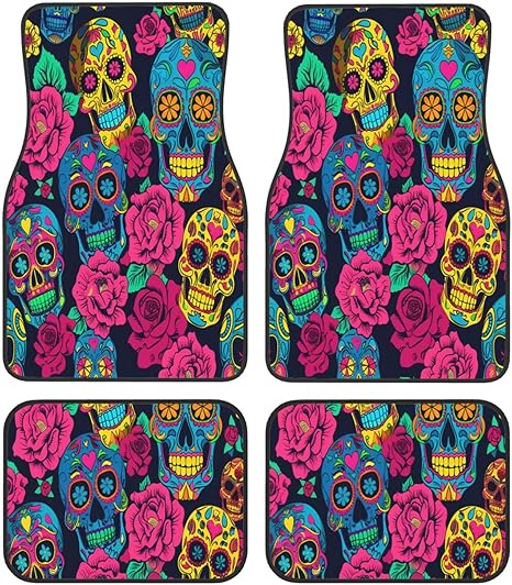 Car Floor Mats Full Set of 4 Rose Flower Sugar Skull Pattern Waterproof Automotive Floor Mats All Weather Non Slip Car Floor Mats Carpet Rug for Vehicle Car Truck SUV Van - sugar skull car floor mats