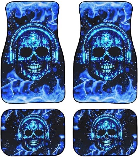 Biyejit Music Fire Skull Car Front and Rear Carpet Floor Mats Backing Rubber Automotive Foot Pads for Most Cars SUVs Vans or Trucks Set of 4 - sugar skull car floor mats