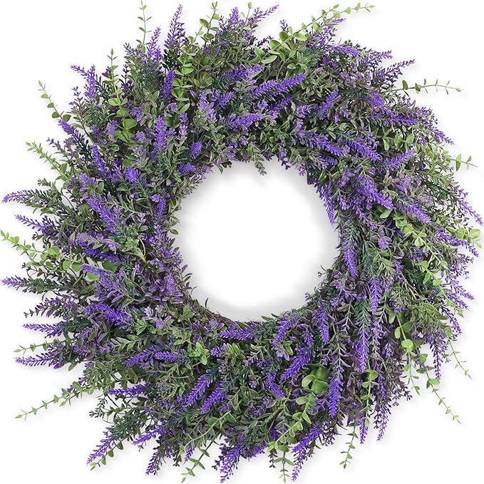 26'' Large Eucalyptus and Lavender Wreath for Front Door, Porch, Window- Artificial Eucalyptus Leaves with Lavender Wreath for Home, Farmhouse Wall Decor- Spring, Summer, Fall, All Seasons (Purple) - sugar skull wreath for front door