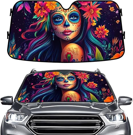 Sugar Skull Woman Windshield Sun Shade for Car SUV Truck (55x30 Inches), Sun Shade Windshield, Shades for Windows, Protector Blocks UV, Christmas Car Decor - sugar skull car sunshade for windshield