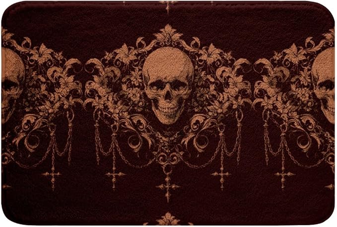Gothic Bathroom Rugs Goth Sugar Skull Floor Mats,Red Brown Damask Shower Mat 20"x32",Bohemian Vintage Floral Entryway Rug Exotic Antique Victorian Baroque Decor - sugar skull floor mat