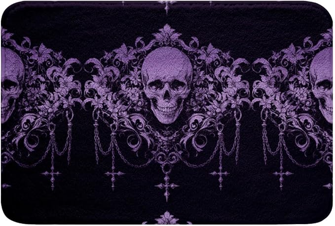 Erosebridal Gothic Bath Mat Goth Sugar Skull Bathroom Accessories,Purple Damask Outdoor Rug 16"x24",Bohemian Vintage Floral Outdoor Doormats Exotic Antique Victorian Baroque Decor - sugar skull toilet mat set