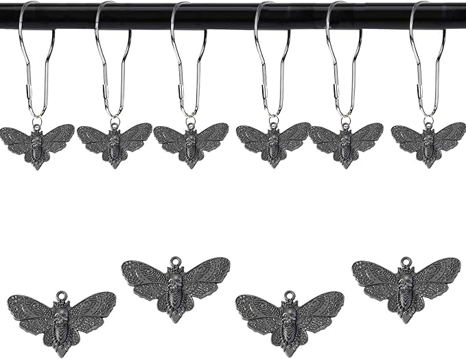 Gothic Shower Curtain,12 Pcs Skeleton Shower Curtain Moth Shower Curtain Hooks, Dead Moth with Skull Face Halloween Rustproof Metal Shower Rings,Party Supplies Haunted House Decoration - sugar skull shower curtain set