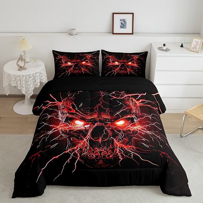 Erosebridal Gothic Queen Comforter Set Sugar Skull Bedding Sets,Spooky Bone Goth Down Comforter Red Lightning Quilt Set,Exotic Halloween Skeleton Decorations - sugar skull bedding set