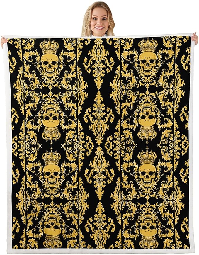 Erosebridal Sugar Skull Blanket Gothic Throw Blanket 40"x50",Black Yellow Damask Fleece Blanket Bohemian Vintage Floral Bed Blanket,Goth Skeleton Antique Victorian Baroque Decor - sugar skull throw blanket