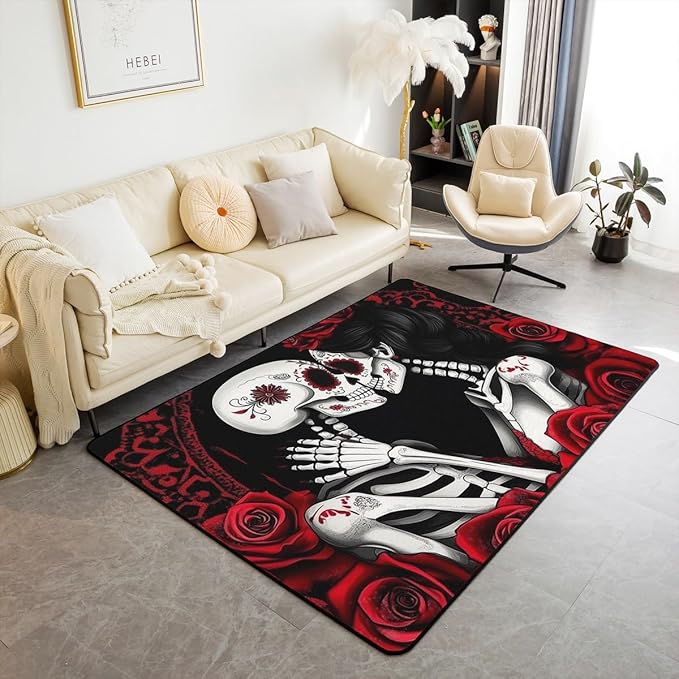 Erosebridal Sugar Skull Indoor Floor Mat Non Slip,Romantic Roses Carpet,The Lover's Day Area Rug 4'11" x 3'3" for Bedroom Living Room Playroom,Skeleton Lovers Red Black Decorative Rug - sugar skull area rug
