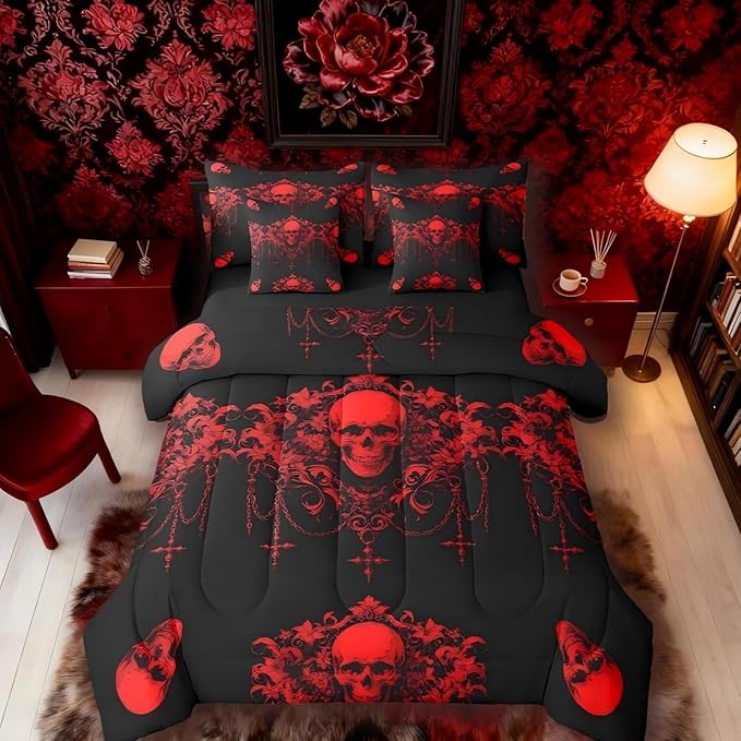 Erosebridal Gothic Bed in a Bag King Size Comforter Set 7 Pieces,Goth Sugar Skull Black Red Damask Bedding Set,Bohemian Vintage Floral Comforter and Sheet Set,Exotic Antique Victorian Baroque Decor - sugar skull bedding set