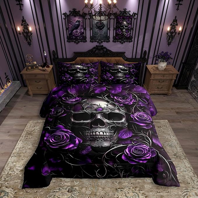 Erosebridal Gothic Skull Bedding Set for Adluts Kids Teens Halloween Goth King Size Comforter Set Vintage Victorian Romantic Purple Rose Floral Quilt Spooky Skeleton Boho Horror Bedding,Gothic Decor - sugar skull bedding set