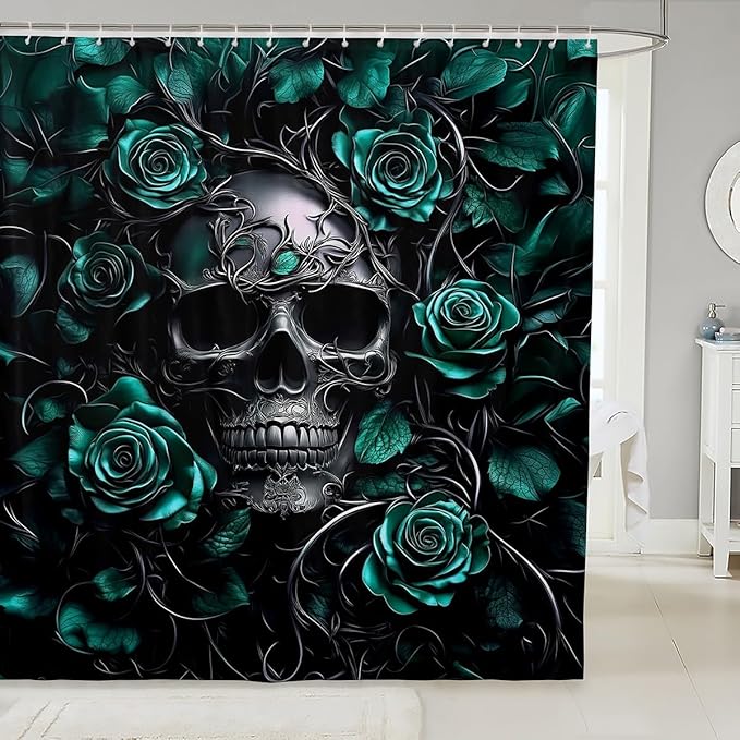 Erosebridal Sugar Skull Shower Curtain,Turquoise Rose Floral Bathroom Shower Curtain Sets,Gothic Skeleton Fabric Shower Curtain,Exothic Hippie Horror Waterproof Bathroom Curtains,72" Wx72 L - sugar skull shower curtain set