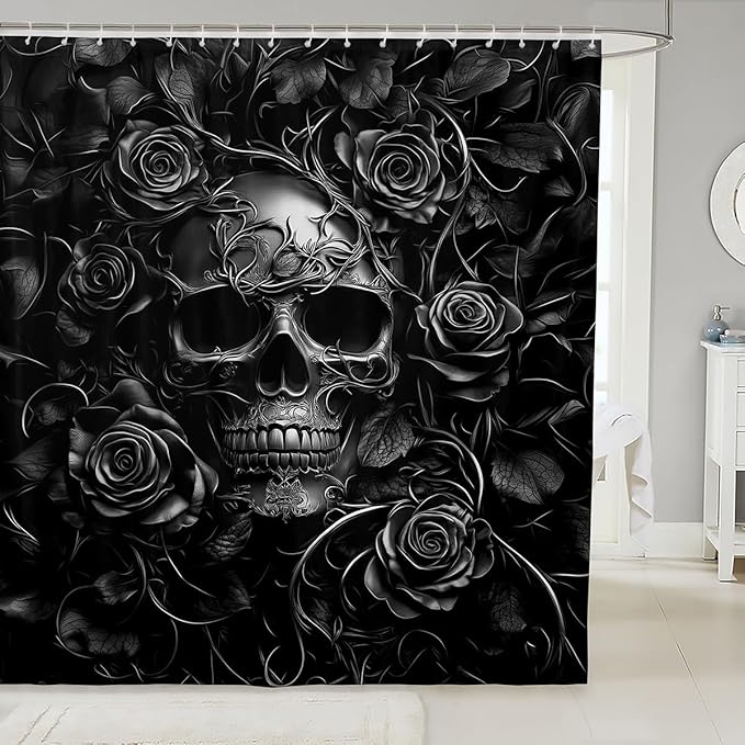 Erosebridal Sugar Skull Shower Curtain,Gray Rose Floral Bathroom Shower Curtain Sets for Kids Boys,Gothic Skeleton Fabric Shower Curtain,Exothic Hippie Horror Waterproof Bathroom Curtains,72" Wx72 L - sugar skull toilet mat set