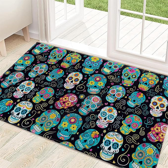 Colorful Sugar Skull Indoor Door Mat 29.5x17in,Non Slip Backing Day of The Dead Floor Mat,Non Woven Entryway Rug,Welcome Mats Decor,for Entrance Inside Porch Bedroom Kitchen,Doormats Gifts - sugar skull car floor mats