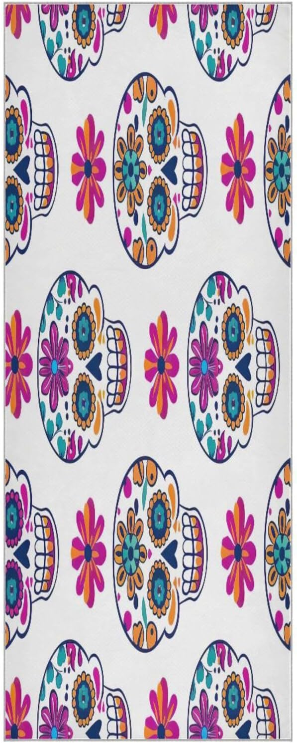 Cute Sugar Skulls Yoga Towel Mat with Organizer Bag Sweat Absorbent Yoga Mat Towel Non Slip for Hot Yoga Pilate Fitness 27"x73" - sugar skull yoga mat