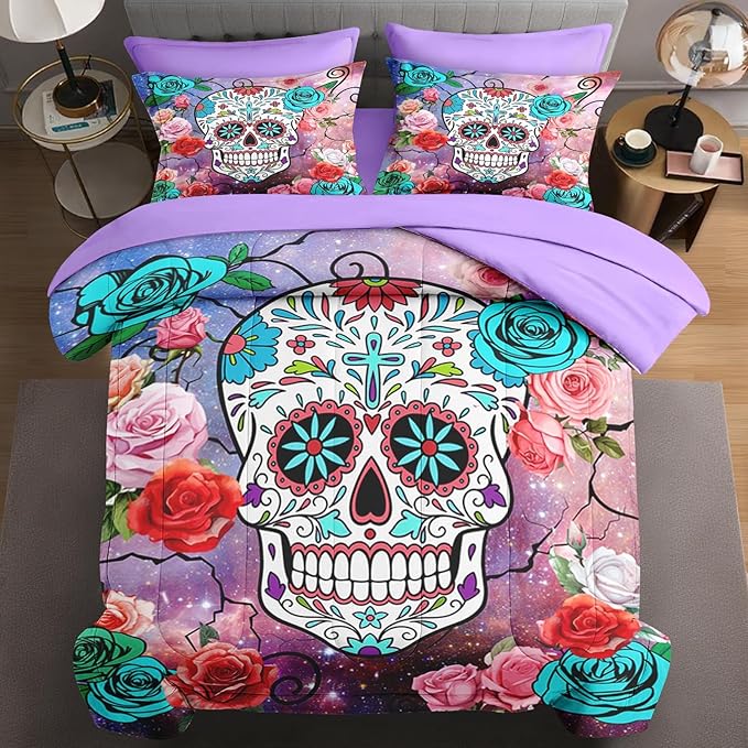 7 Pcs Queen Size Comforter Set with 2 Pillowcases & 2 Shams, Sugar Galaxy Bedding for Kids and Adults, Vintage Skeleton Flower Bed in a Bag with Flat Fitted Sheet - sugar skull bedding set